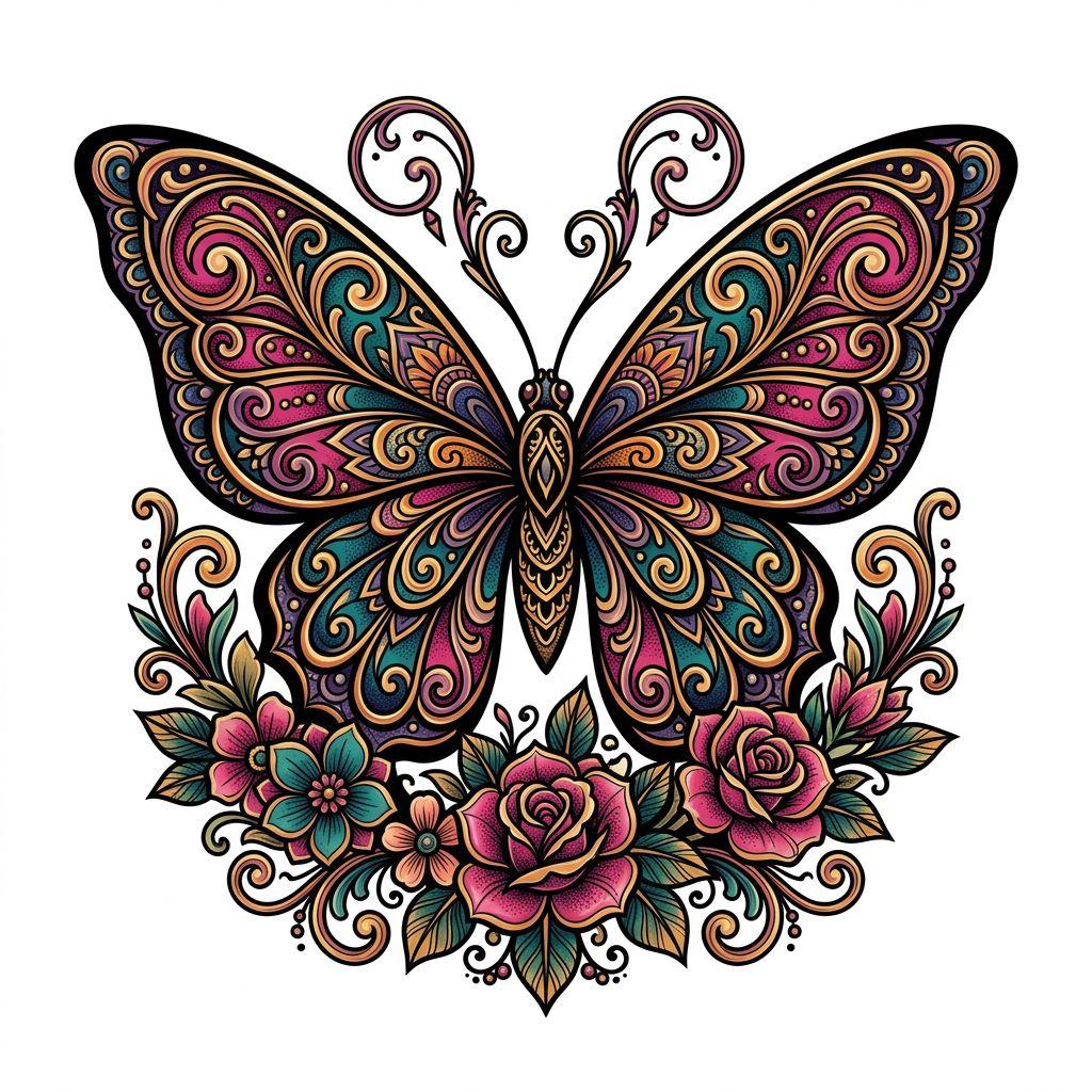 idée tatouage femme papillon néo-traditionnel