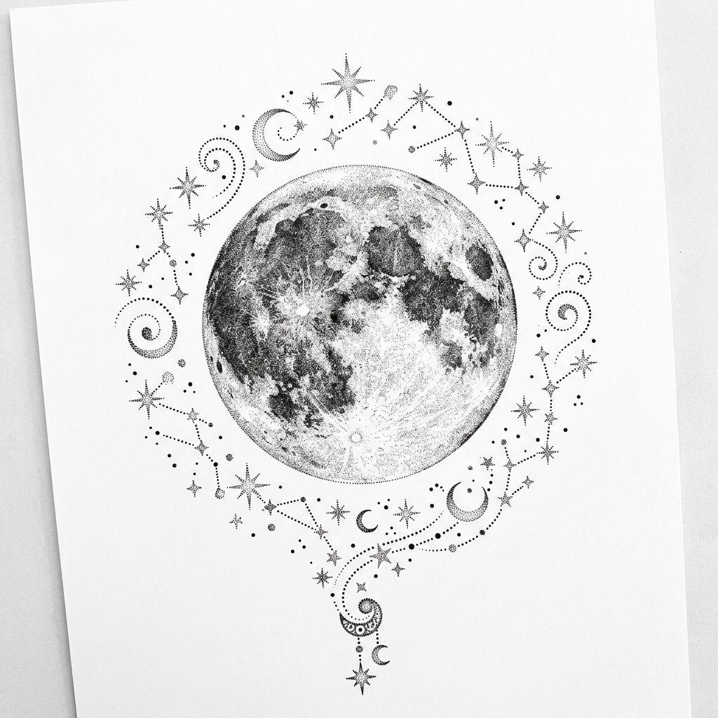 idée tatouage femme lune dotwork