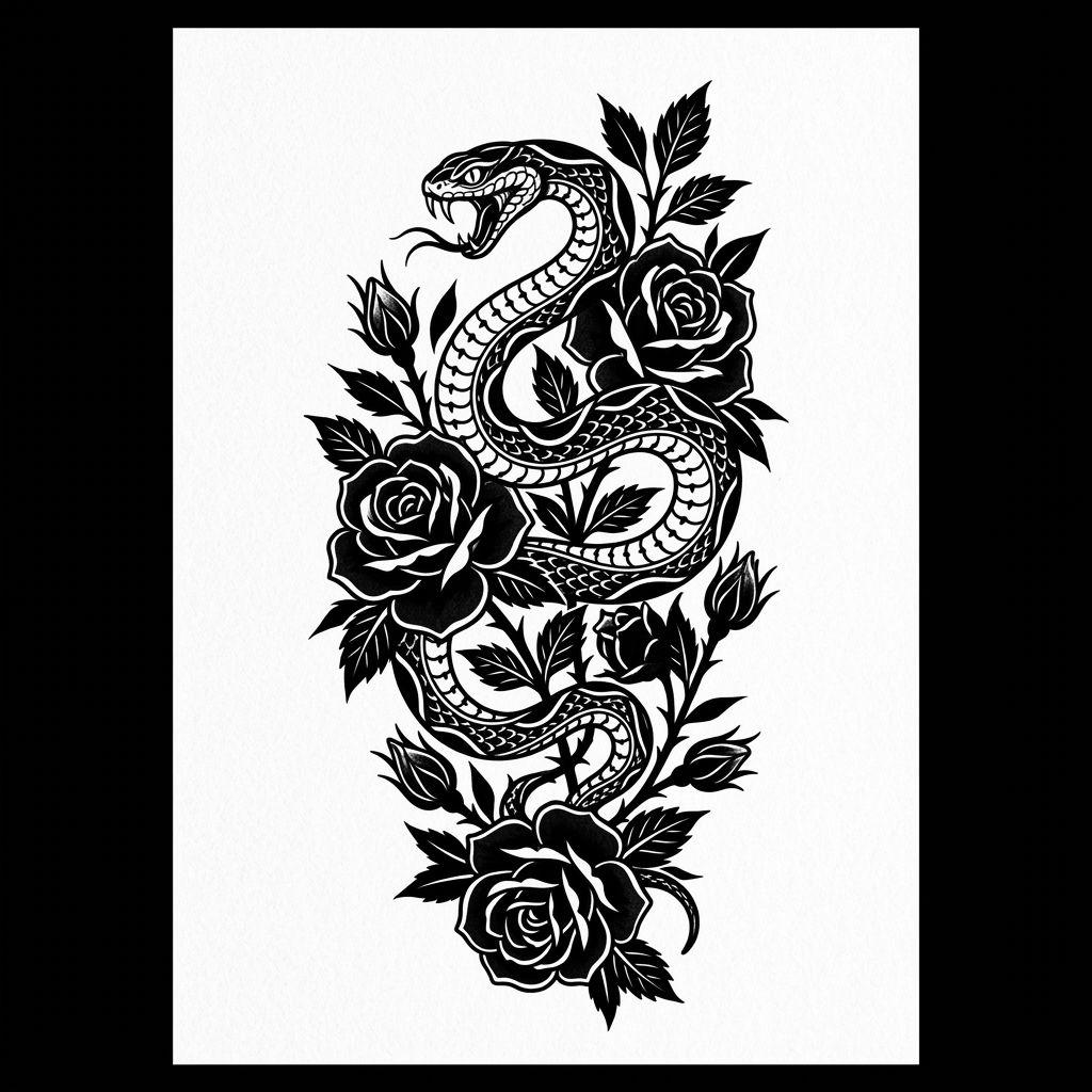 idée tatouage femme bras serpent floral blackwork