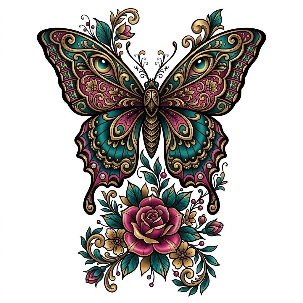 idée tatouage femme bras papillon néo-traditionnel sleeve