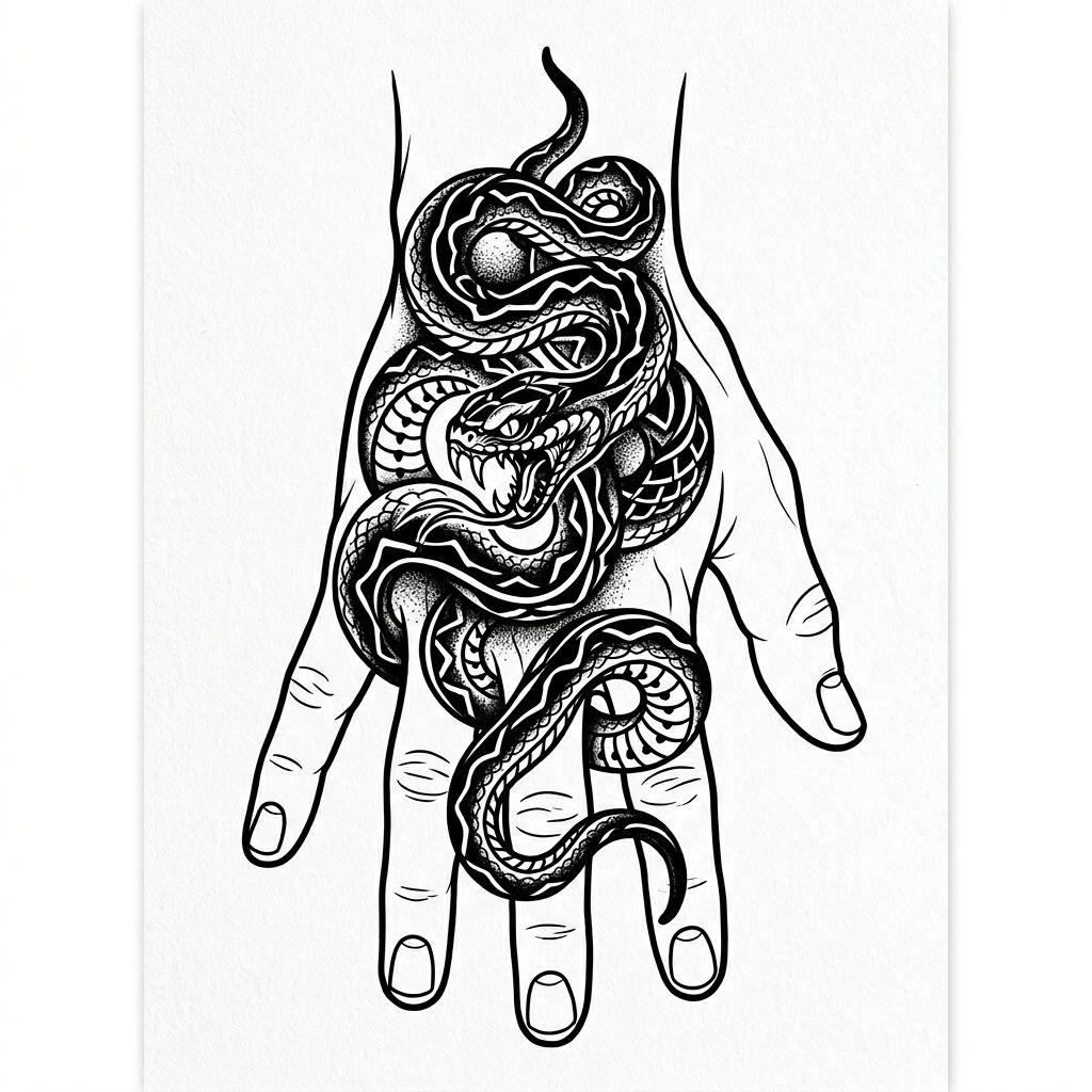 idée tatouage main homme serpent blackwork