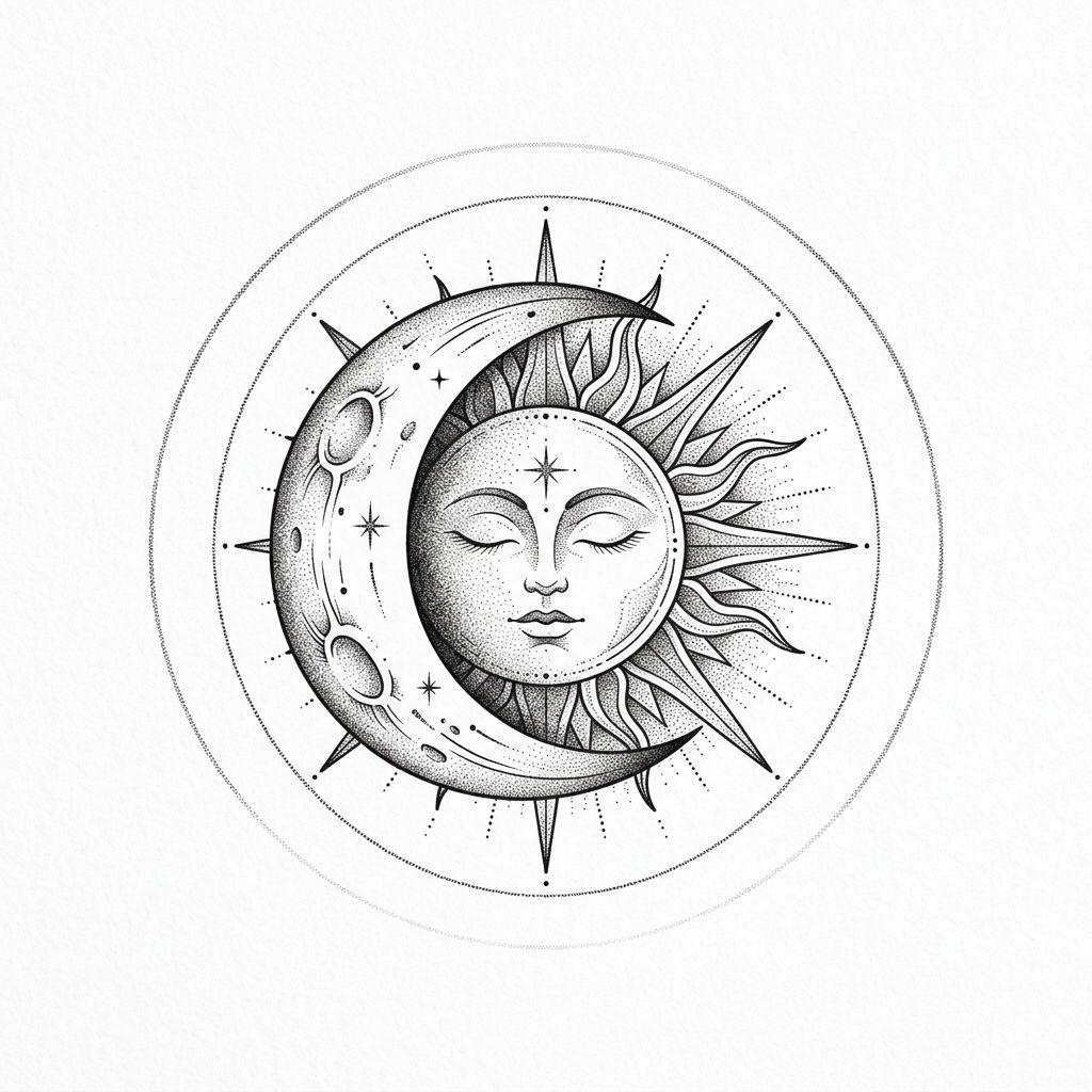 idée tatouage nuque femme dotwork lune et soleil, design sur fond blanc