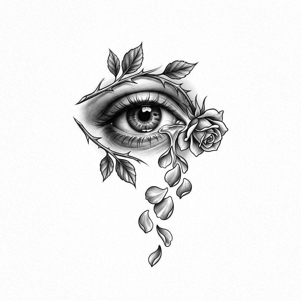 idée tatouage oeil oeil qui pleure des roses, design sur fond blanc