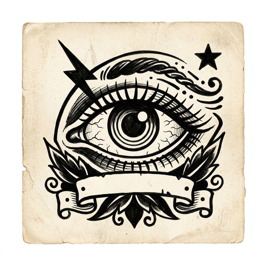 idée tatouage oeil oeil old school flash, design sur fond blanc