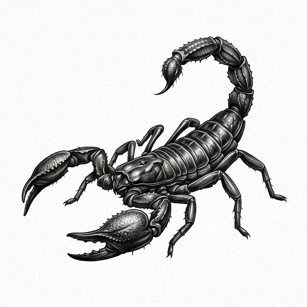 idée tatouage scorpion scorpion réaliste noir et gris, design sur fond blanc
