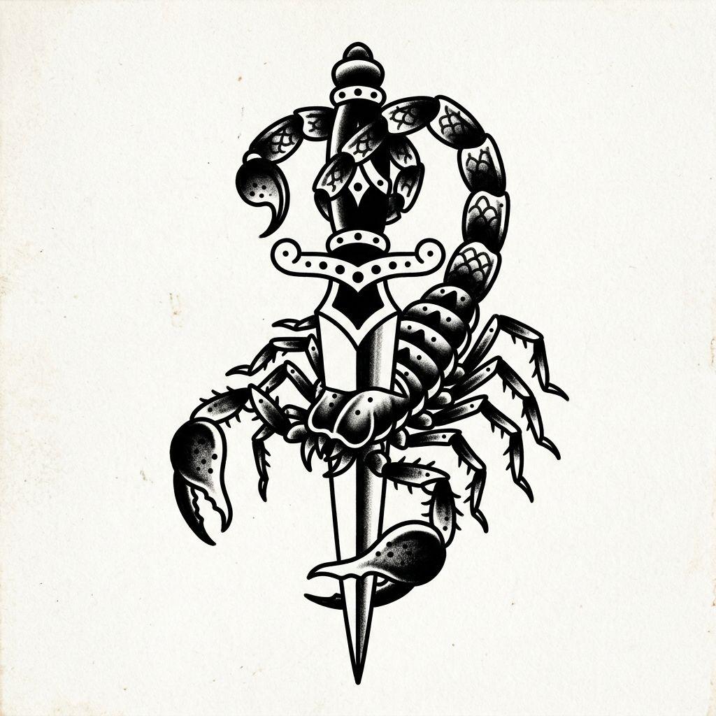 idée tatouage scorpion scorpion et dague old school, design sur fond blanc