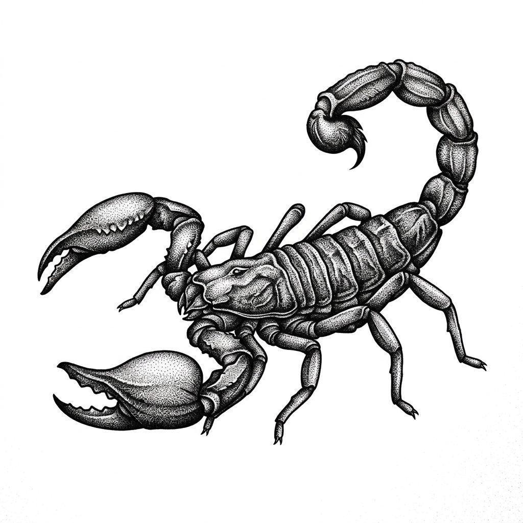 idée tatouage scorpion scorpion dotwork, design sur fond blanc