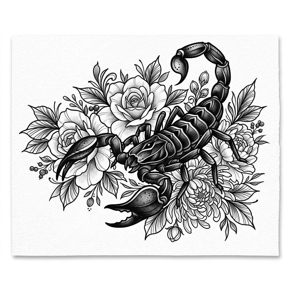 idée tatouage scorpion scorpion et fleurs contraste, design sur fond blanc