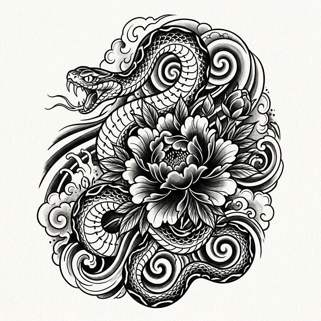 idée tatouage serpent serpent et pivoine japonais, design sur fond blanc