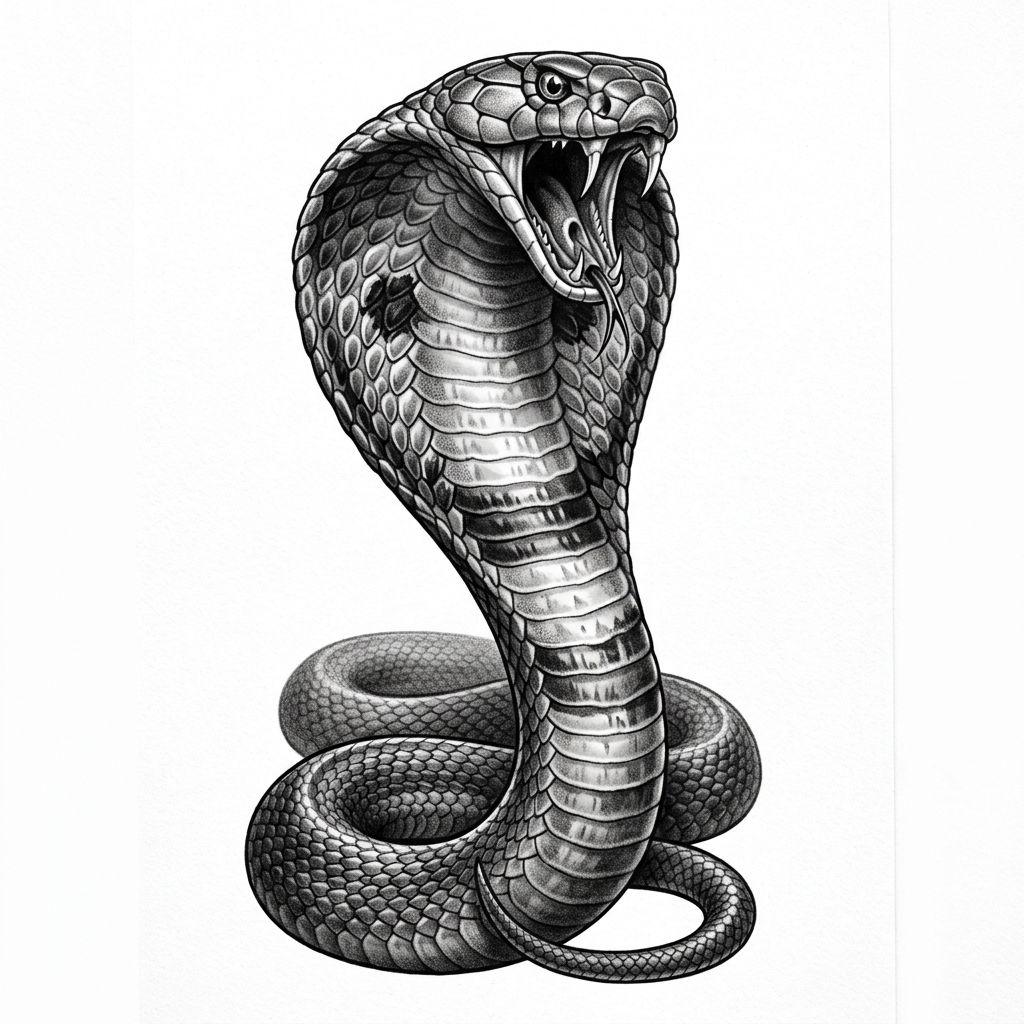 idée tatouage serpent cobra realiste menace, design sur fond blanc