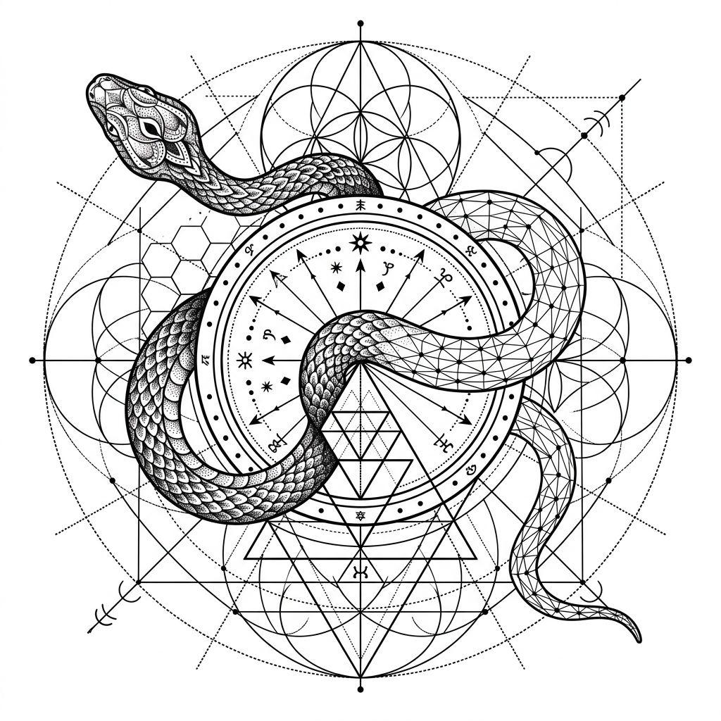 idée tatouage serpent serpent geometrique sacre, design sur fond blanc