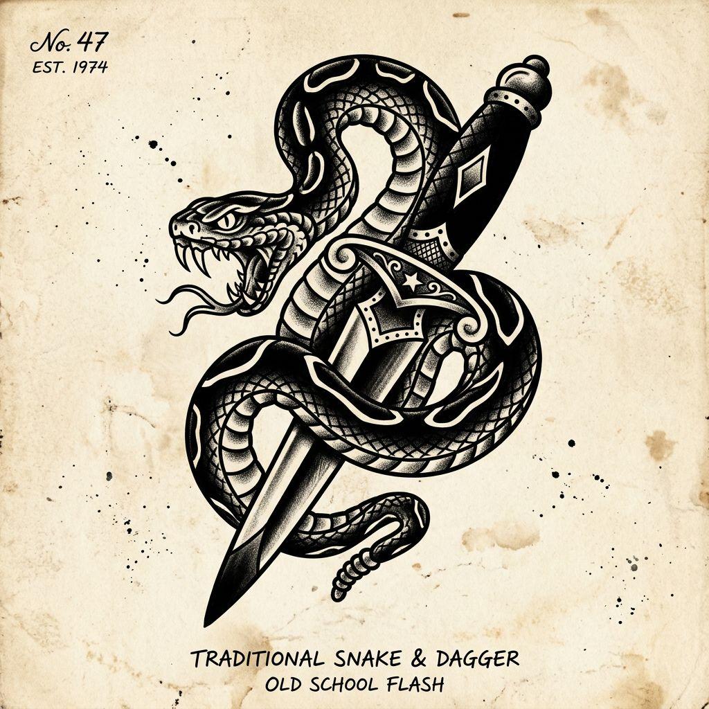 idée tatouage serpent serpent old school dague, design sur fond blanc