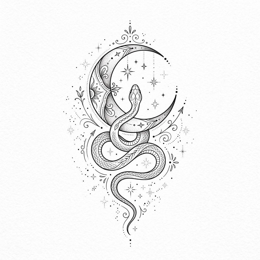 idée tatouage serpent serpent et lune mystique, design sur fond blanc