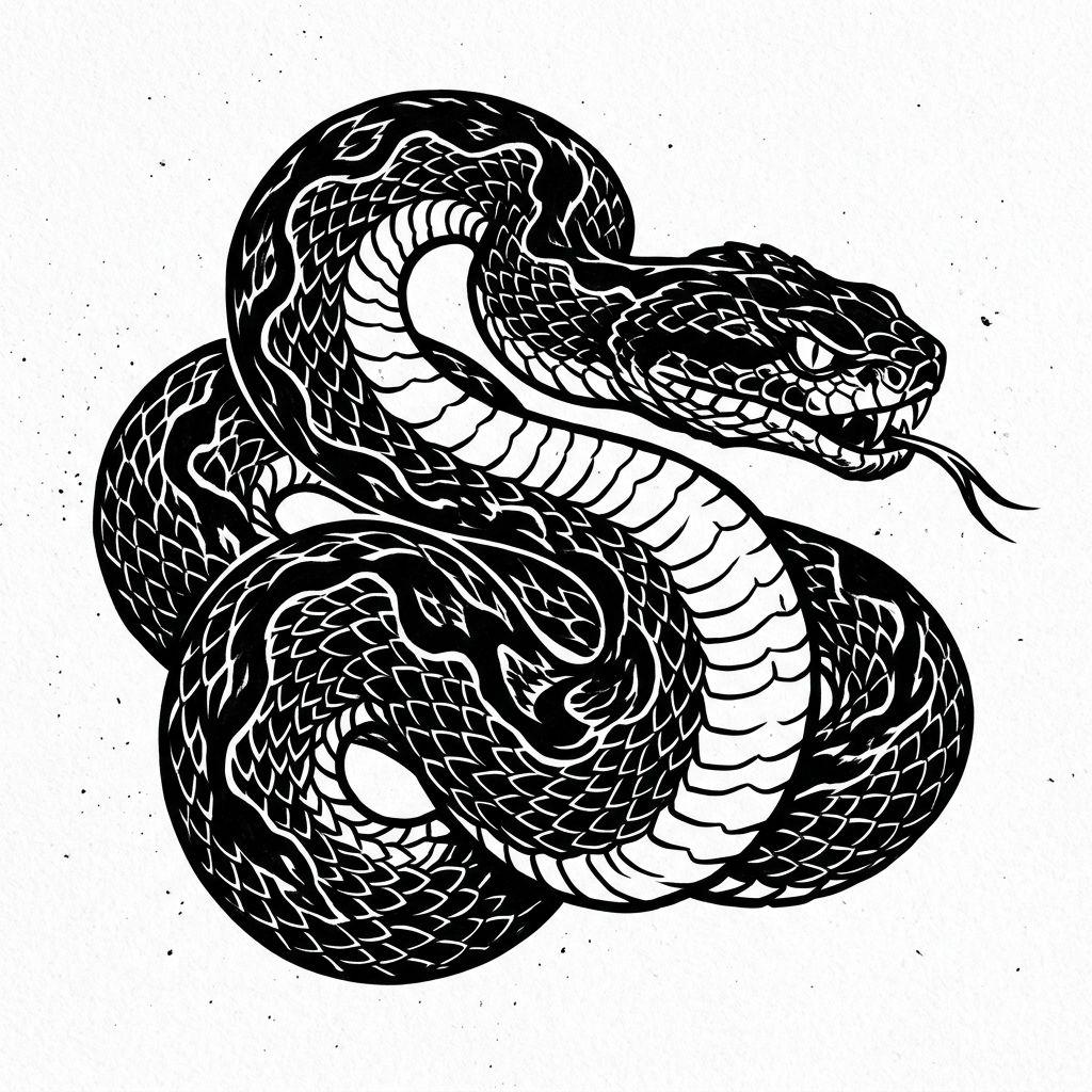 idée tatouage serpent vipere blackwork dense, design sur fond blanc