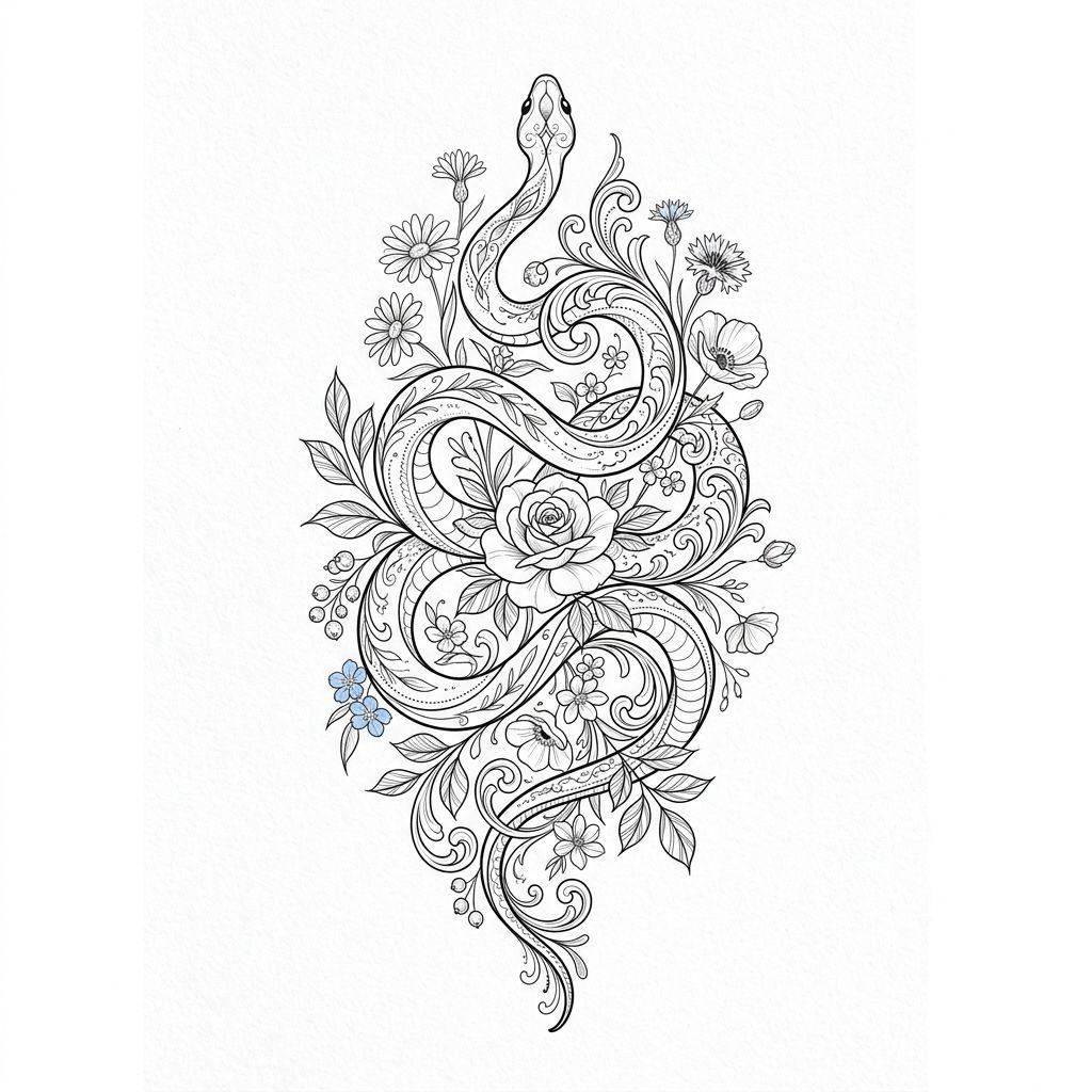idée tatouage serpent serpent floral ornemental, design sur fond blanc