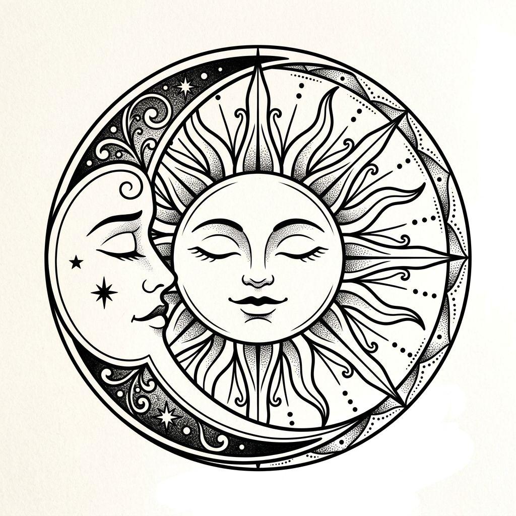 idée tatouage soleil et lune soleil et lune entrelaces, design sur fond blanc