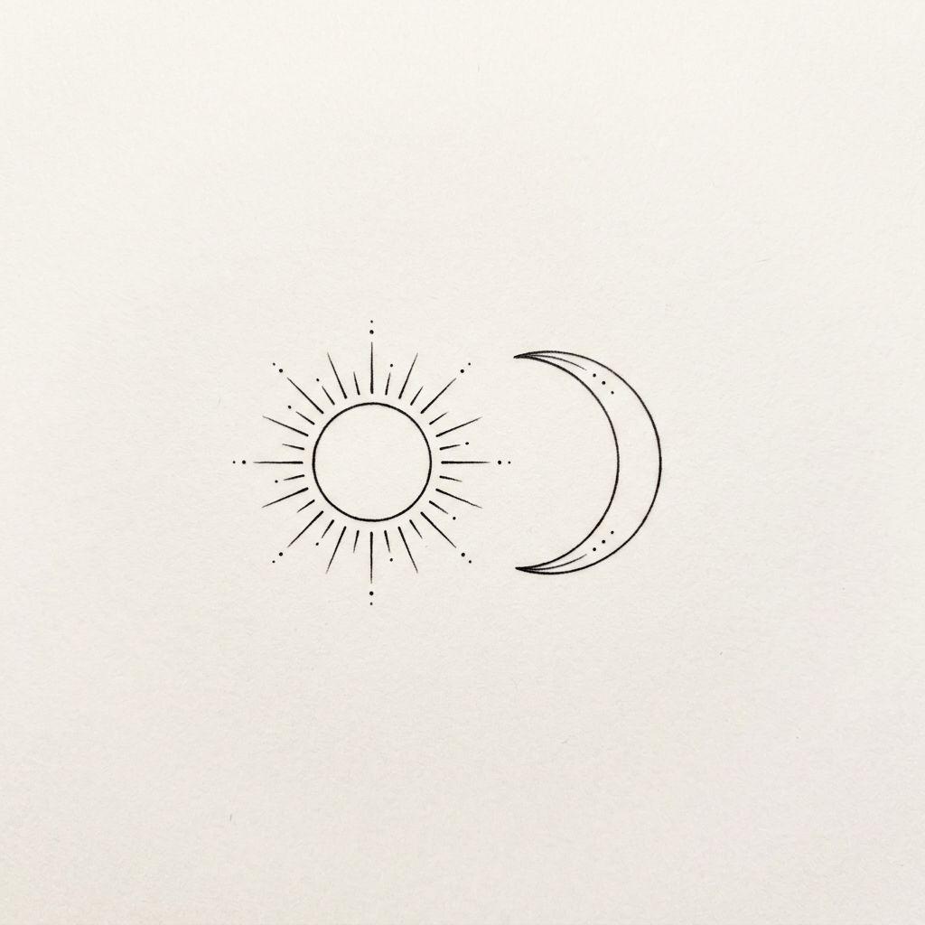 idée tatouage soleil et lune duo fine line minimaliste, design sur fond blanc