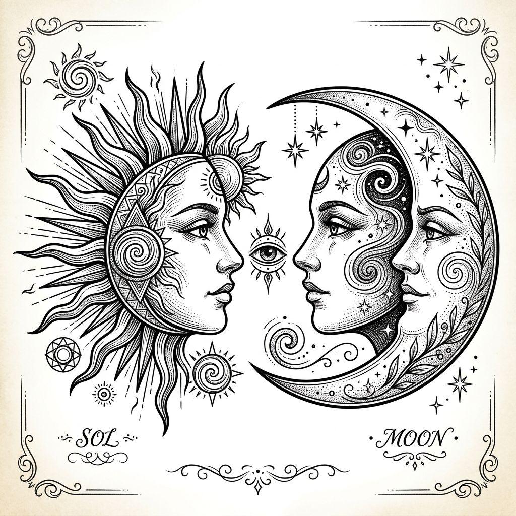 idée tatouage soleil et lune visages profil soleil lune, design sur fond blanc