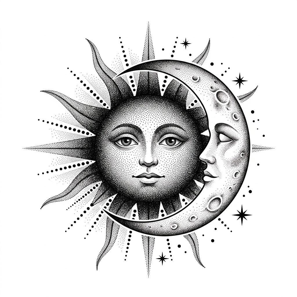 idée tatouage soleil et lune dotwork celeste dégradé, design sur fond blanc