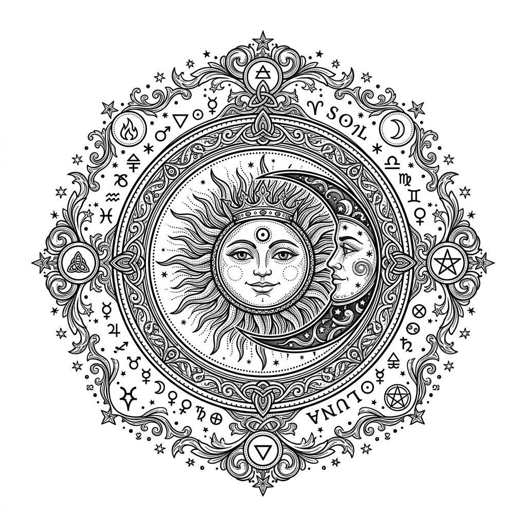 idée tatouage soleil et lune cercle alchimique, design sur fond blanc