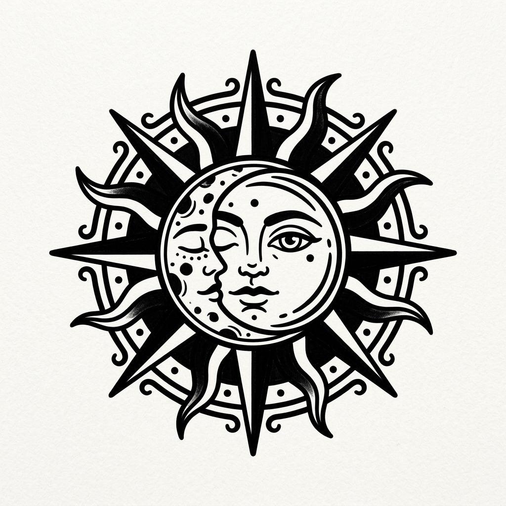 idée tatouage soleil et lune blackwork graphique, design sur fond blanc