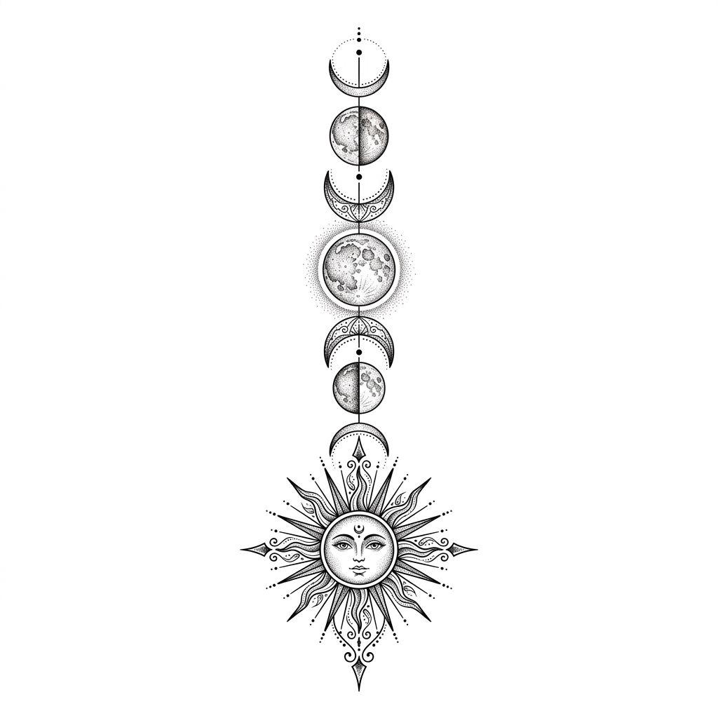 idée tatouage soleil et lune phases de lune et soleil, design sur fond blanc
