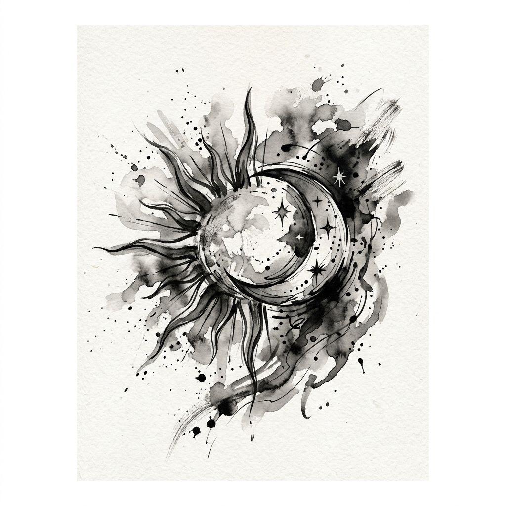 idée tatouage soleil et lune aquarelle bleu nuit, design sur fond blanc