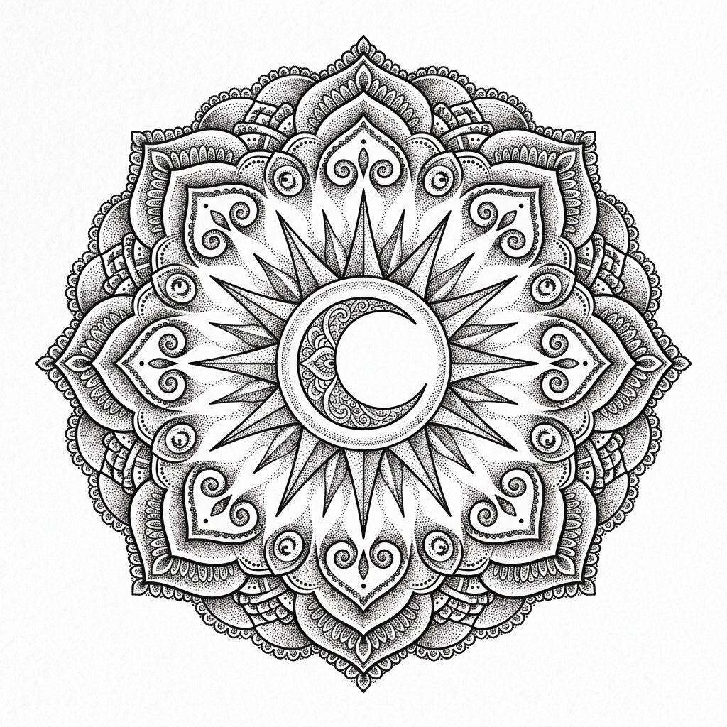 idée tatouage soleil et lune mandala solaire lunaire, design sur fond blanc