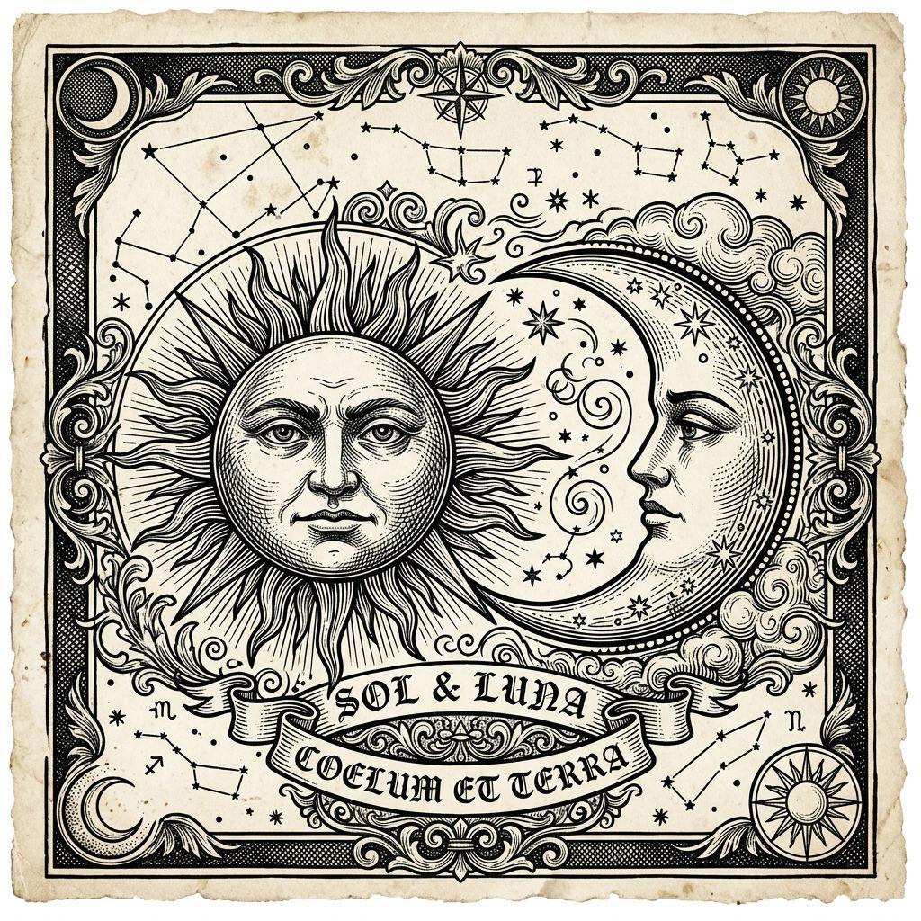 idée tatouage soleil et lune illustratif gravure ancienne, design sur fond blanc
