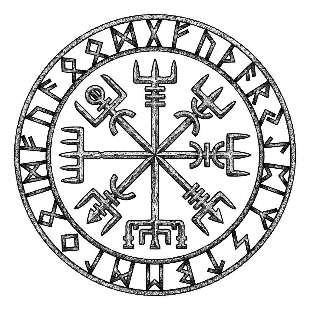 idée tatouage viking vegvisir boussole runique, design sur fond blanc