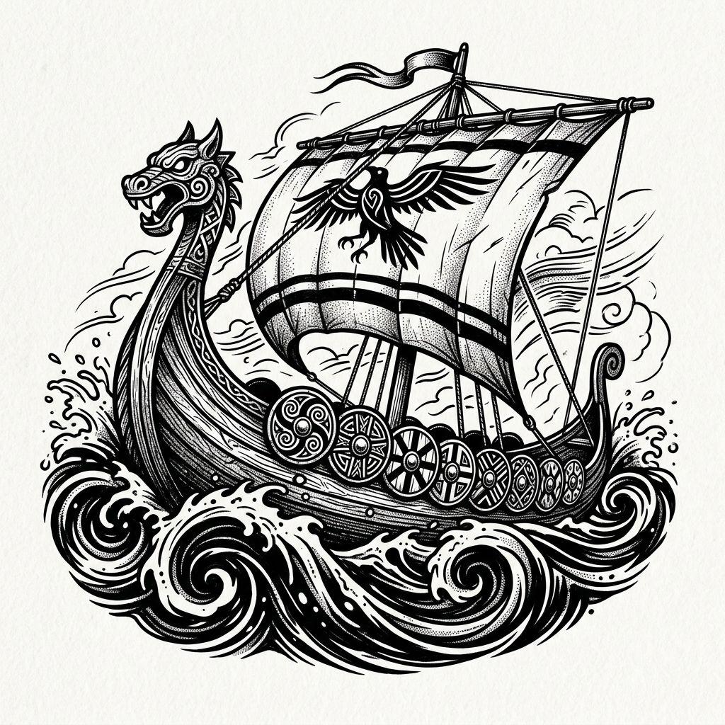 idée tatouage viking drakkar en pleine tempete, design sur fond blanc