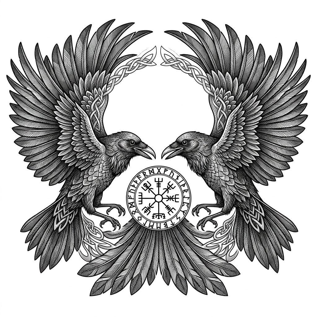 idée tatouage viking corbeaux d odin hugin et munin, design sur fond blanc