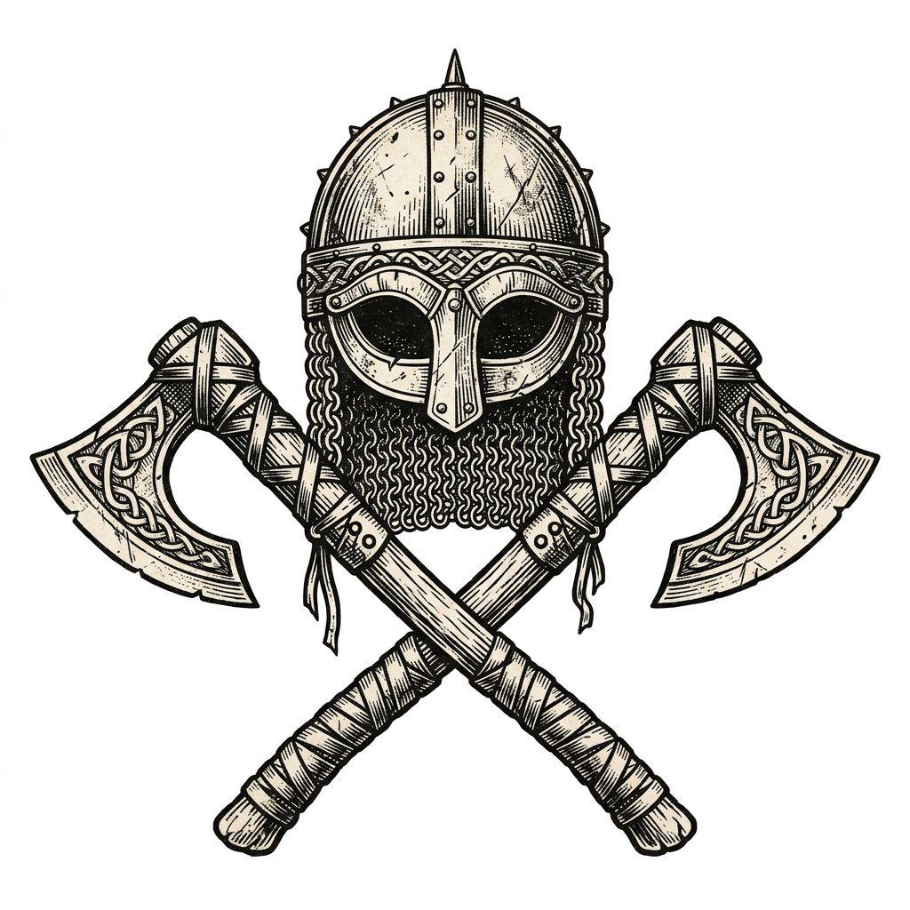 idée tatouage viking casque et haches croisees, design sur fond blanc