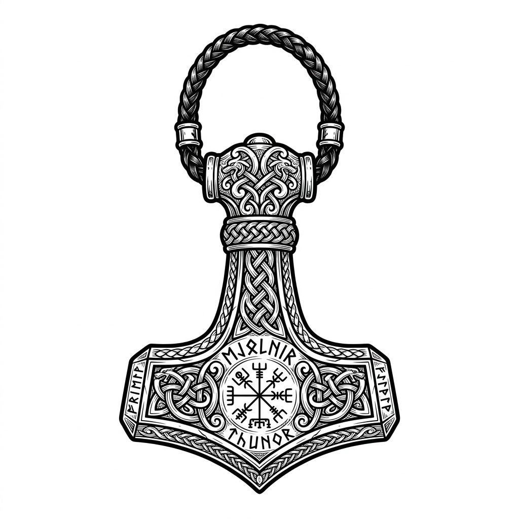 idée tatouage viking mjolnir marteau de thor, design sur fond blanc