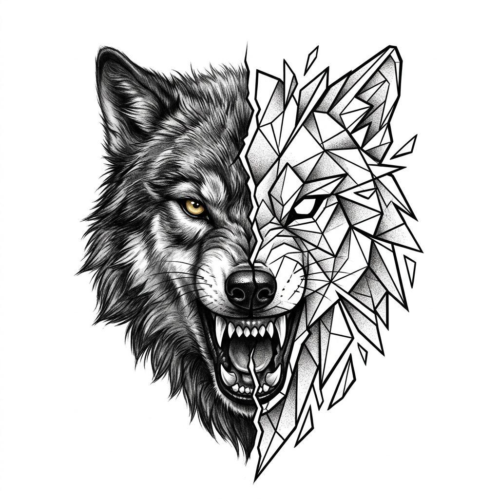 idée tatouage viking loup fenrir geometrique, design sur fond blanc