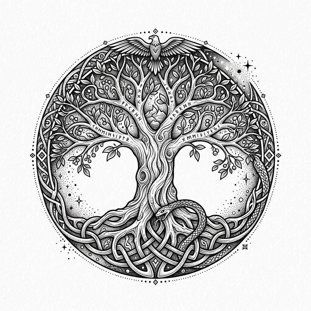idée tatouage viking arbre monde yggdrasil, design sur fond blanc