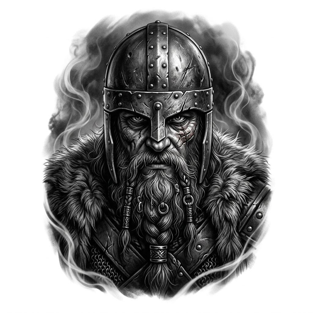 idée tatouage viking guerrier berserker realiste, design sur fond blanc