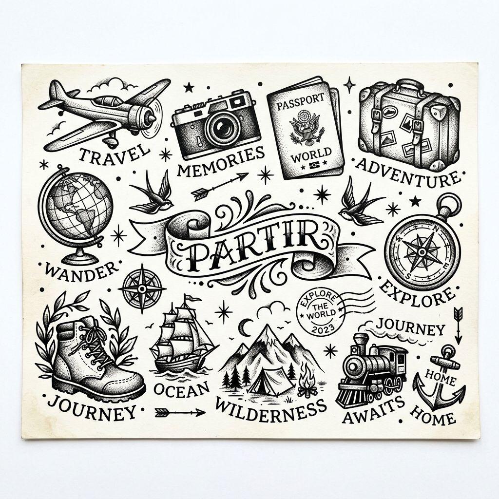 idée tatouage voyage patchwork voyage flash