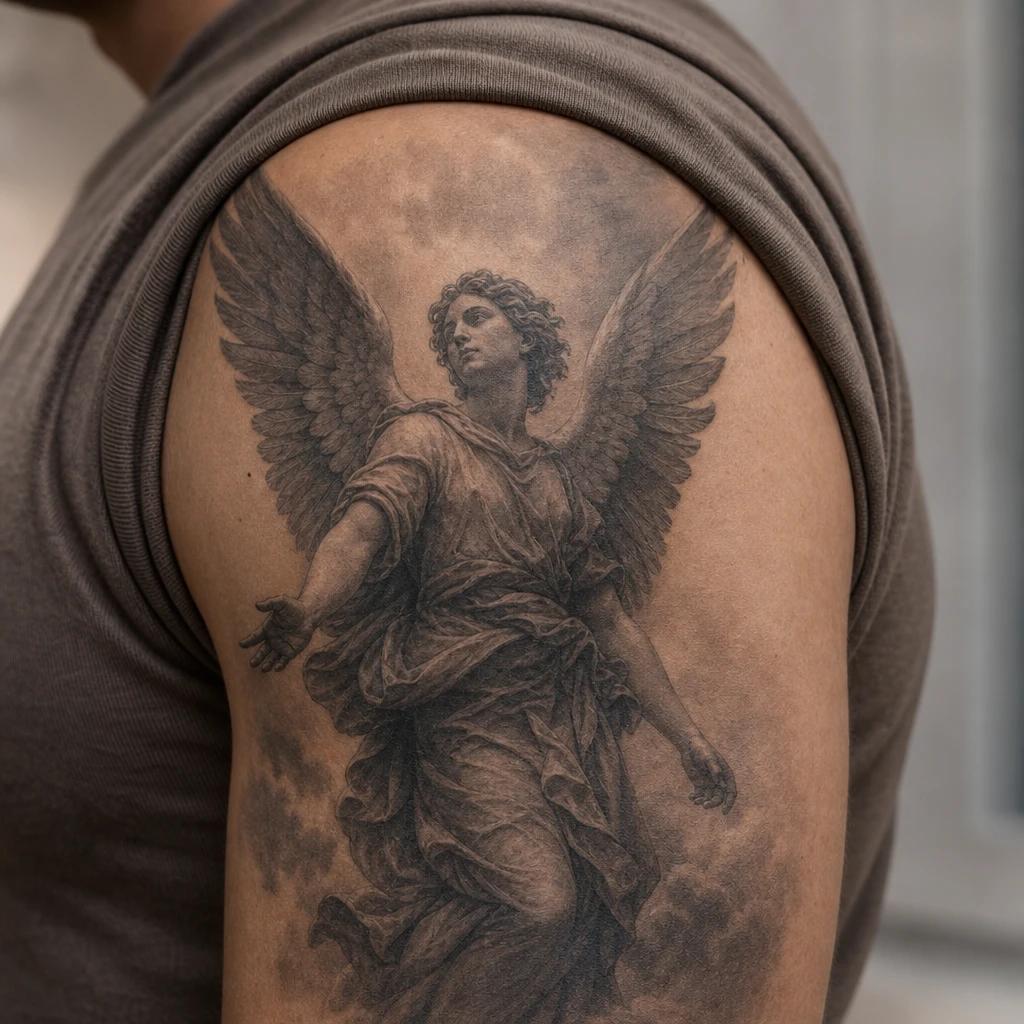 idée tatouage ange ange gardien réaliste, photo réaliste sur peau