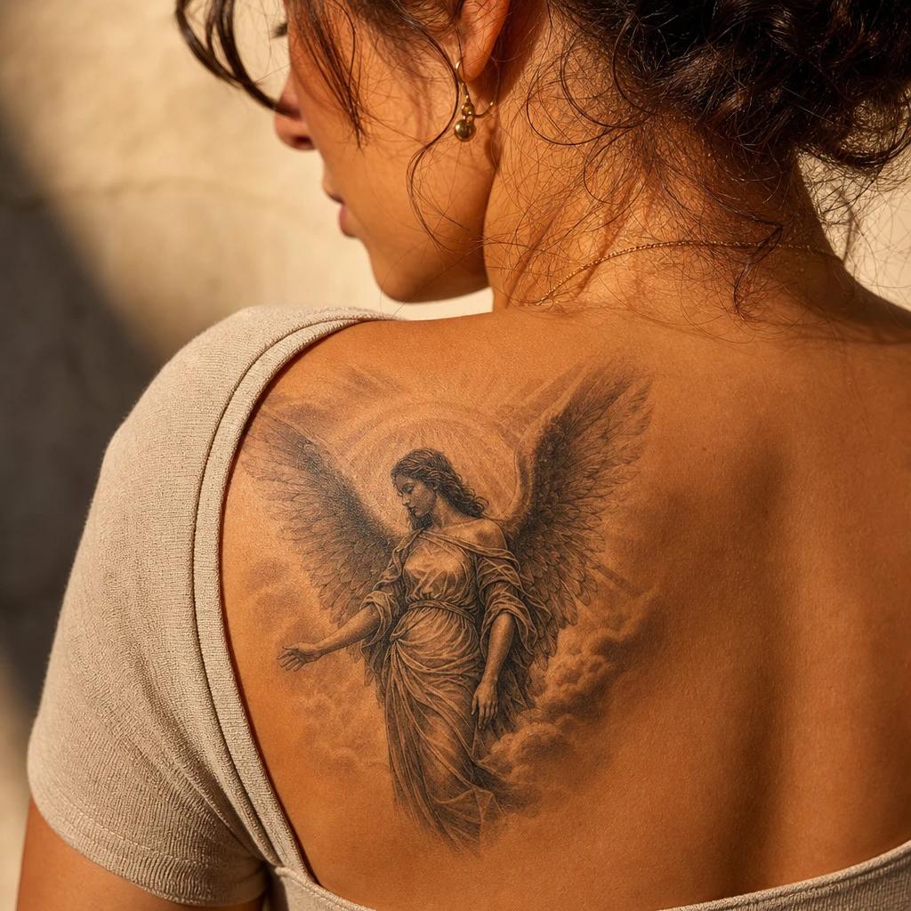 idée tatouage ange ange gardien réaliste, photo réaliste sur peau
