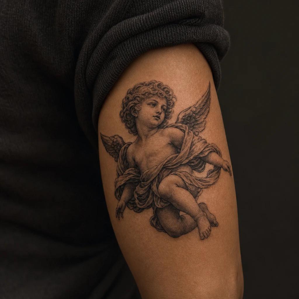 idée tatouage ange chérubin baroque, photo réaliste sur peau