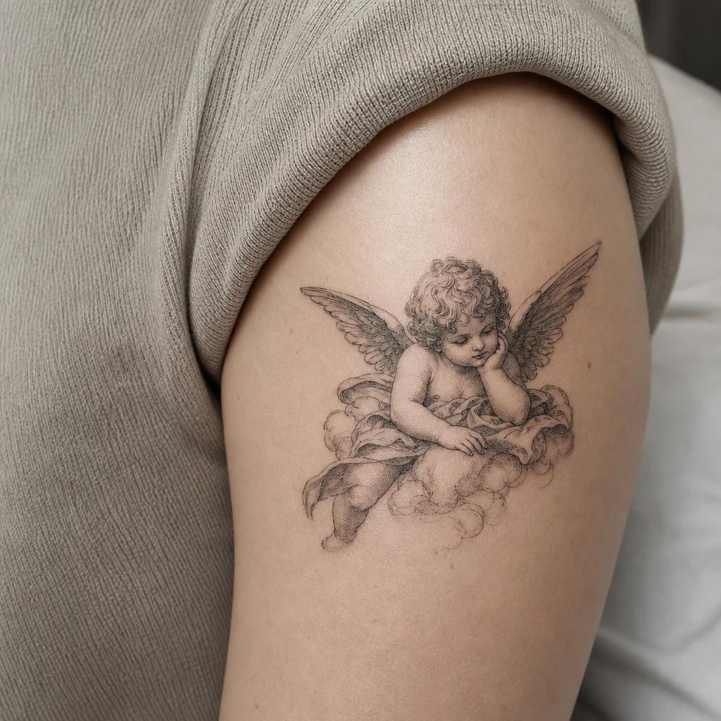 idée tatouage ange chérubin baroque, photo réaliste sur peau