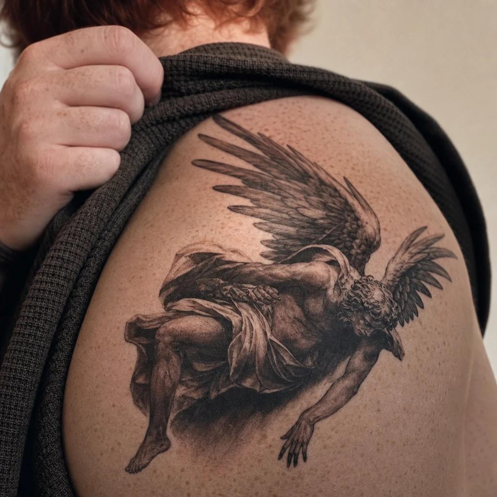 idée tatouage ange ange déchu dramatique, photo réaliste sur peau