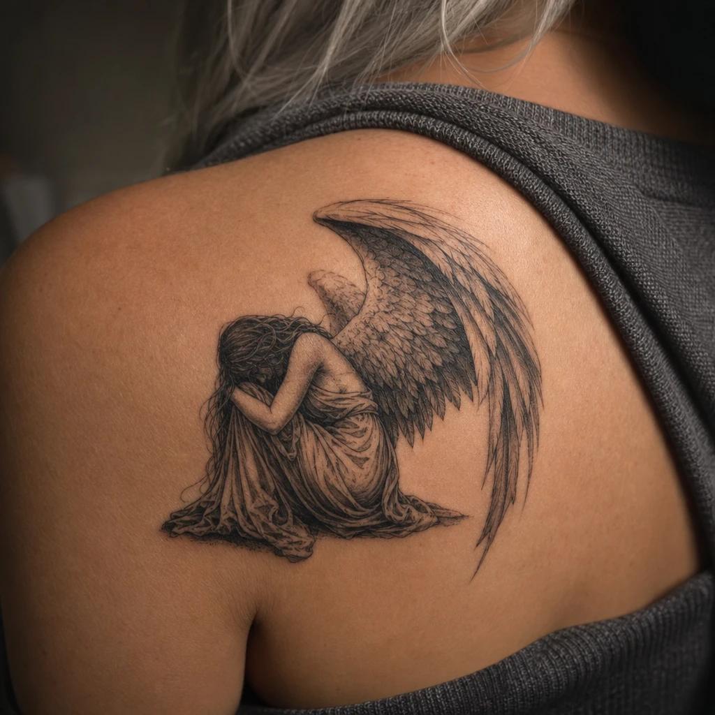 idée tatouage ange ange déchu dramatique, photo réaliste sur peau