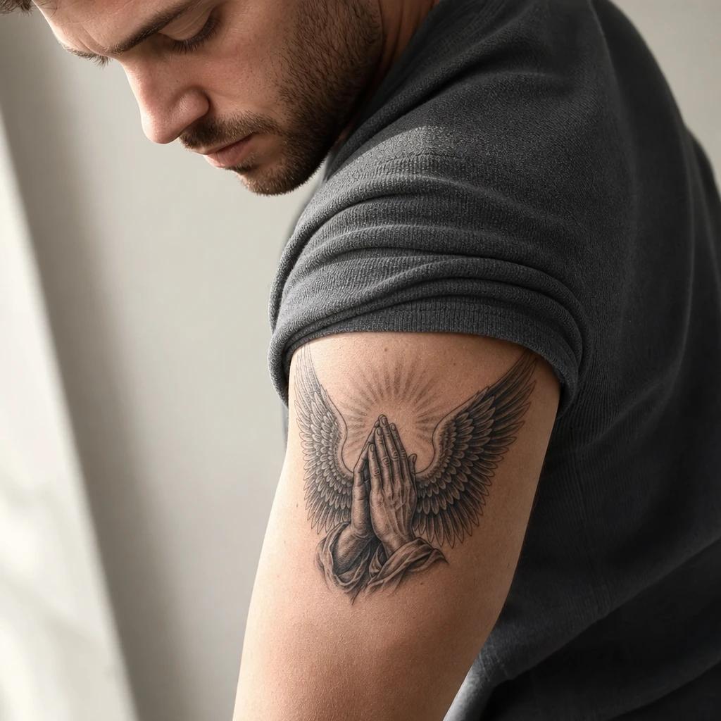 idée tatouage ange mains en prière et ailes, photo réaliste sur peau