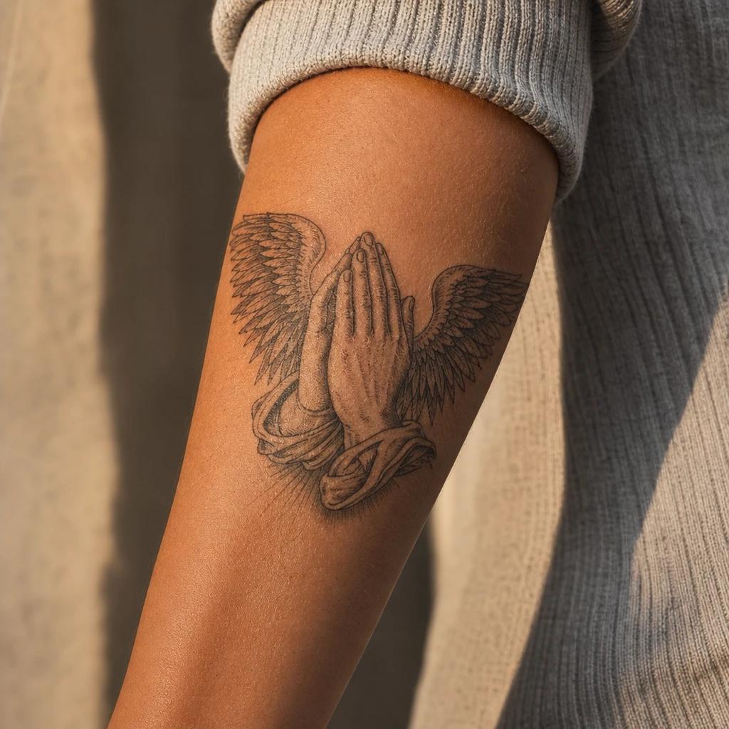 idée tatouage ange mains en prière et ailes, photo réaliste sur peau