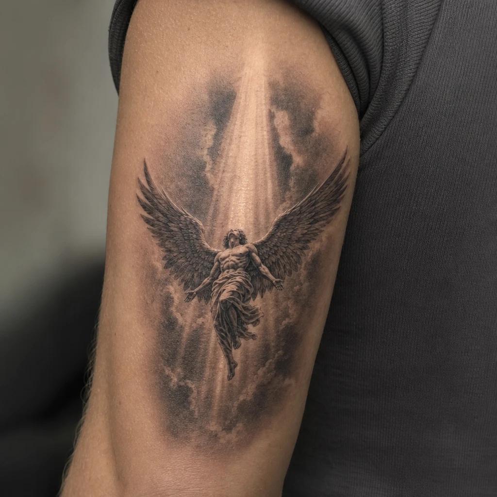 idée tatouage ange ange et colonne de lumière, photo réaliste sur peau