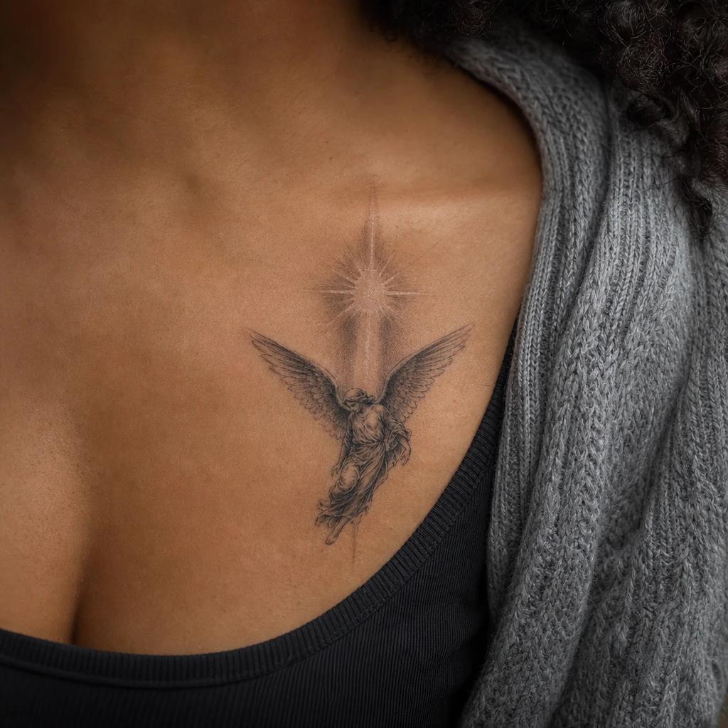 idée tatouage ange ange et colonne de lumière, photo réaliste sur peau