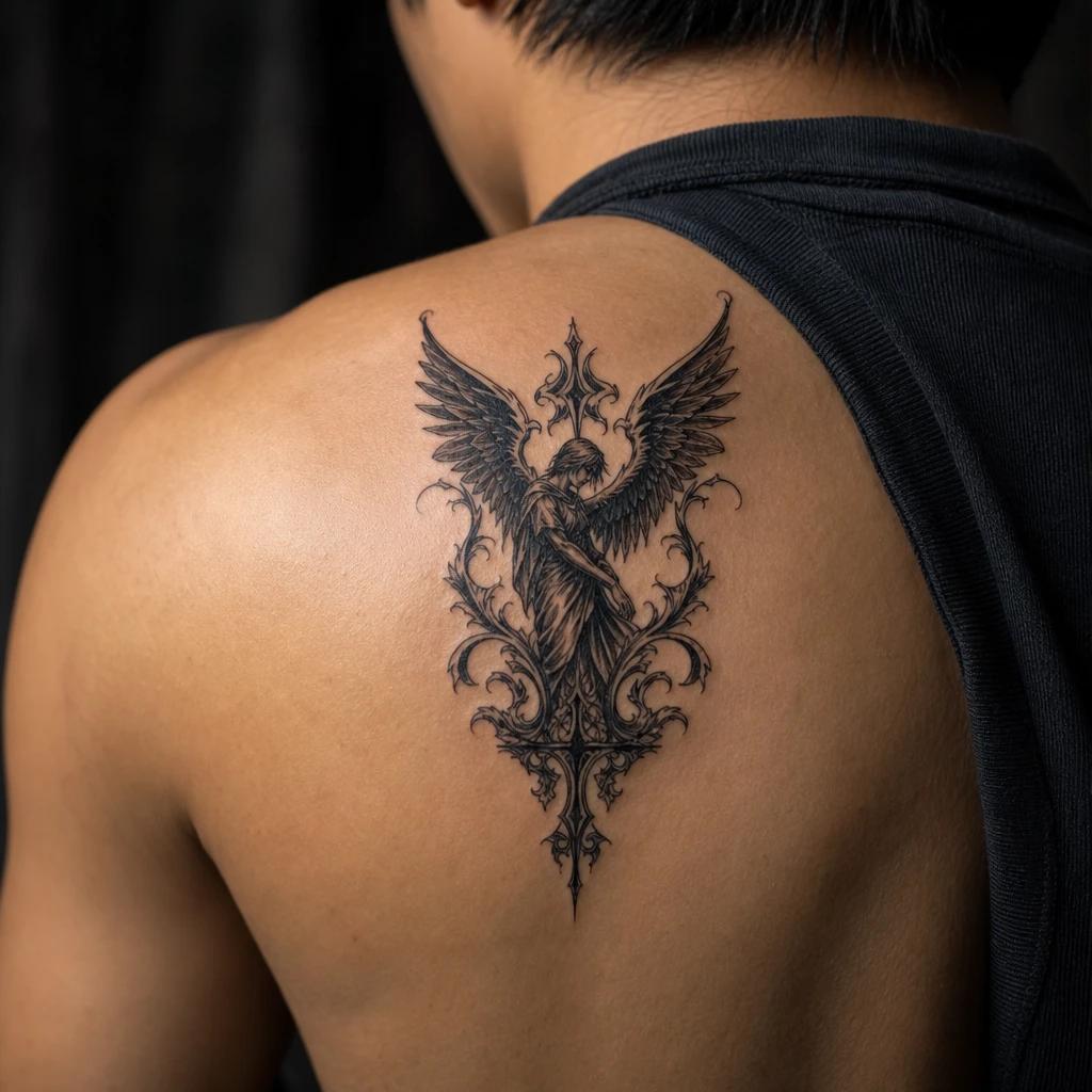 idée tatouage ange ange gothique ornemental, photo réaliste sur peau