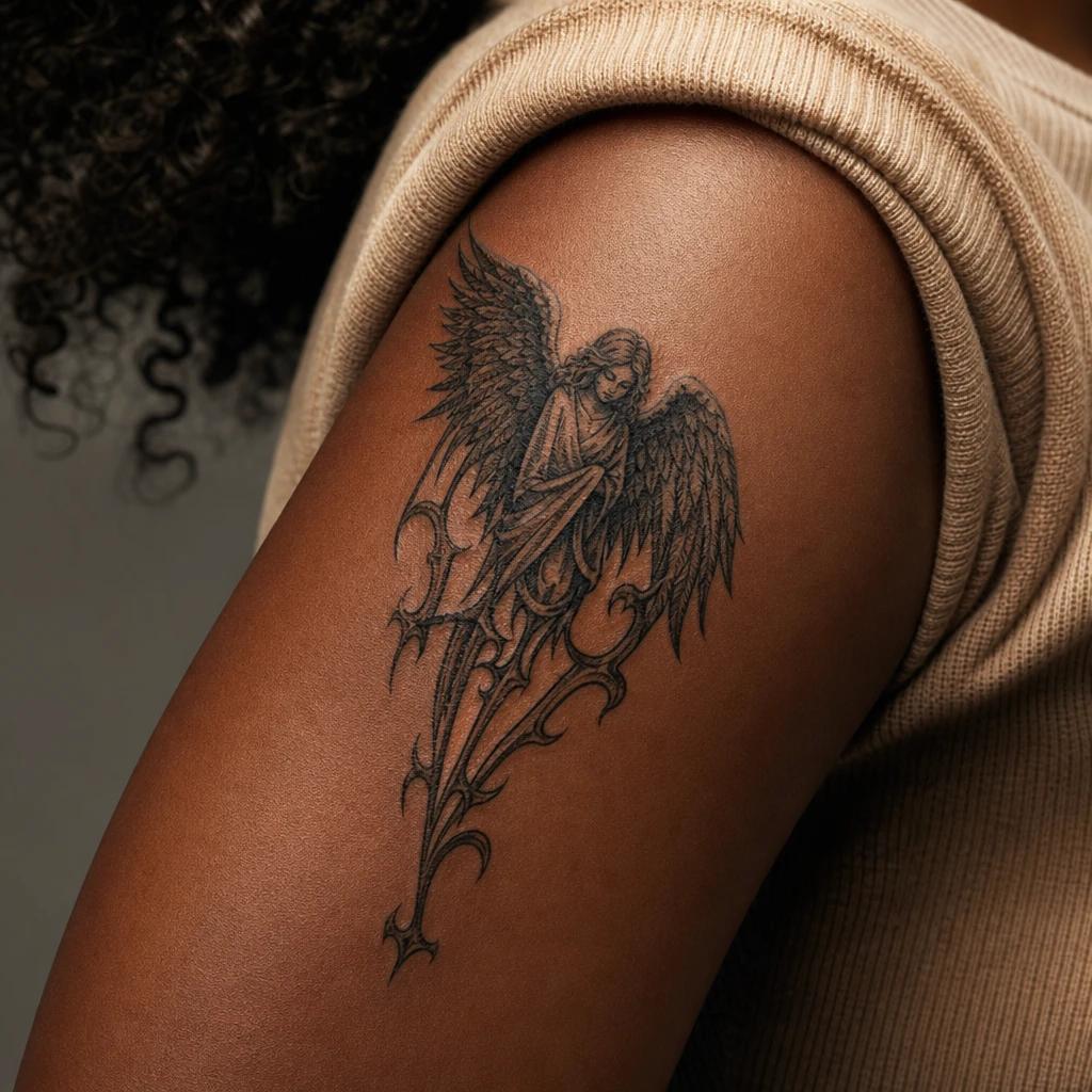 idée tatouage ange ange gothique ornemental, photo réaliste sur peau